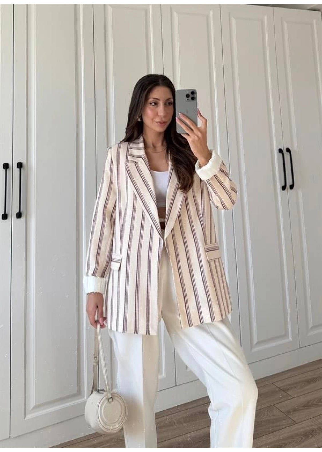 Keten Astarlı Bordo Çizgili Blazer Ceket