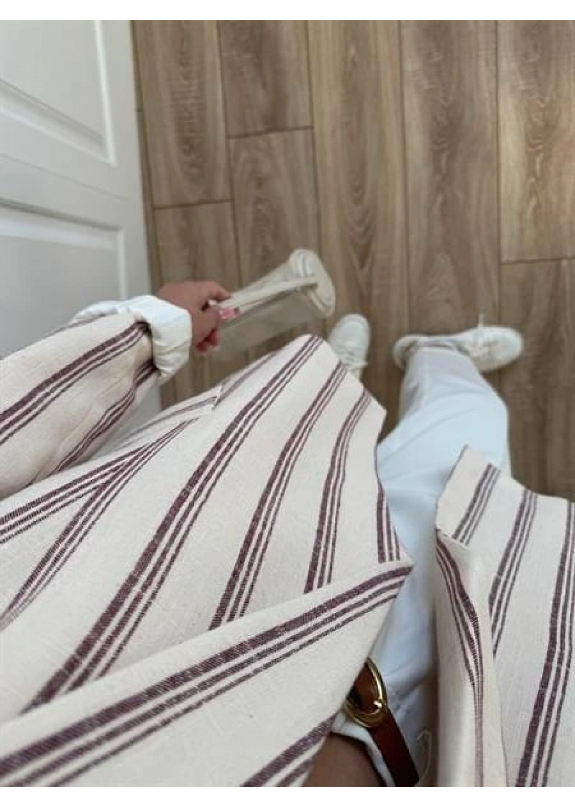 Keten Astarlı Bordo Çizgili Blazer Ceket