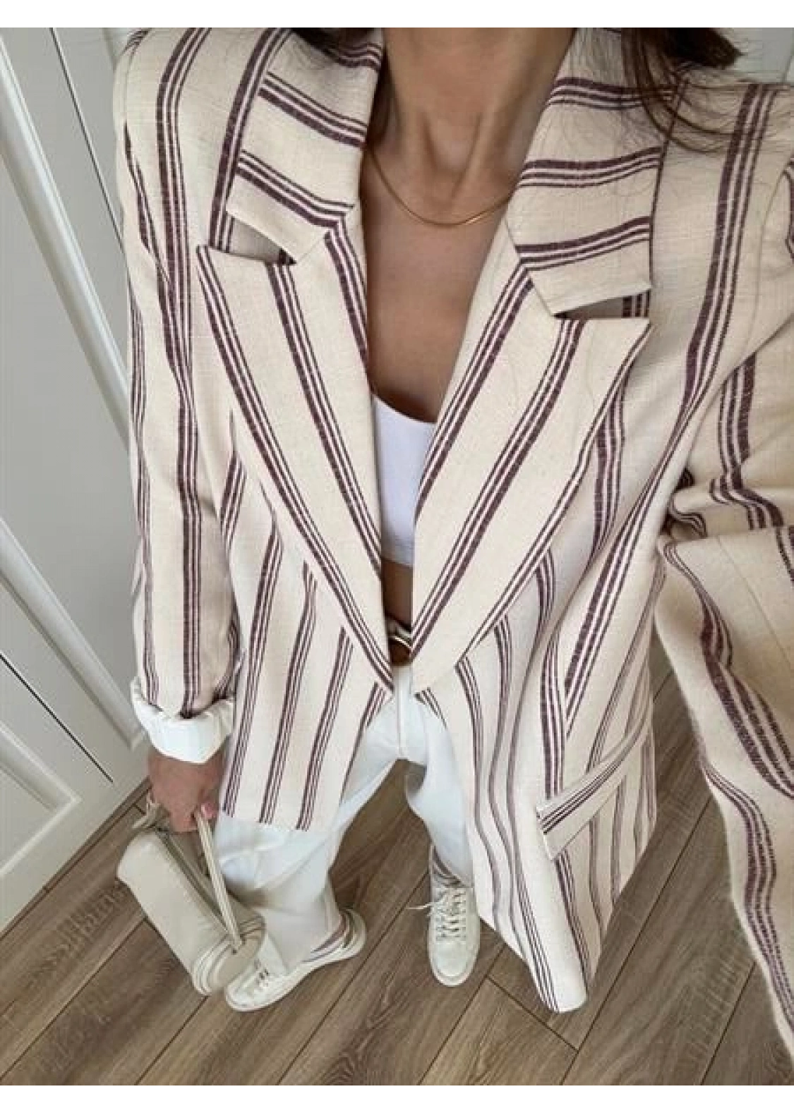 Keten Astarlı Bordo Çizgili Blazer Ceket