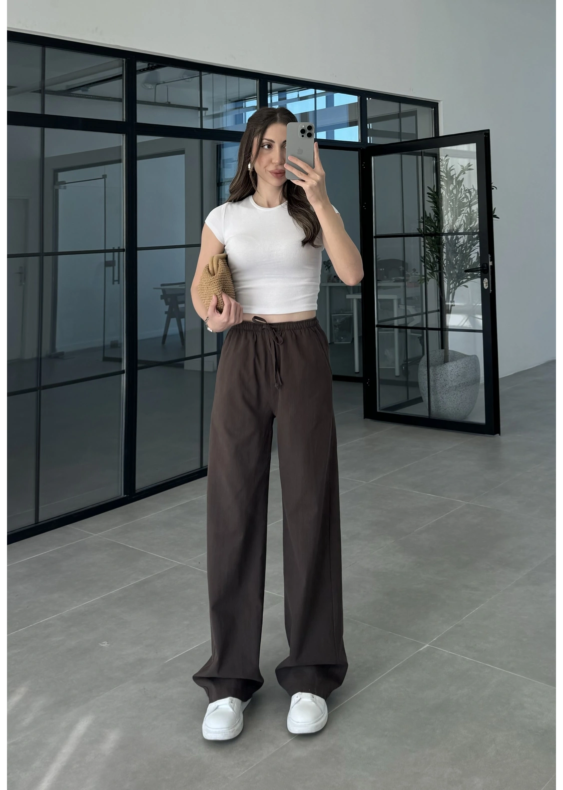 Keten Beli Lastikli Kahve Pantolon