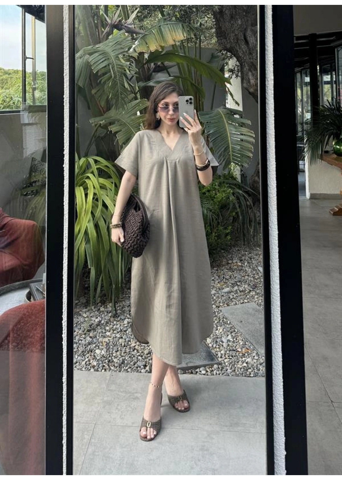 Keten V Yaka Basic Haki Elbise