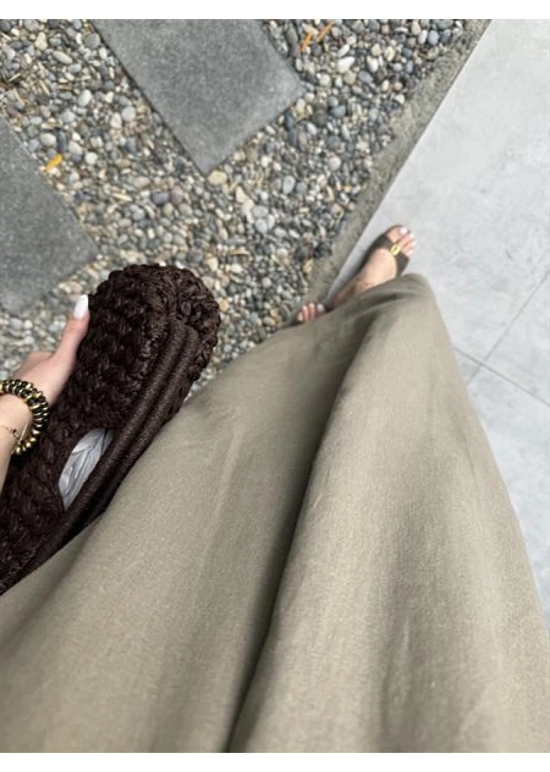 Keten V Yaka Basic Haki Elbise