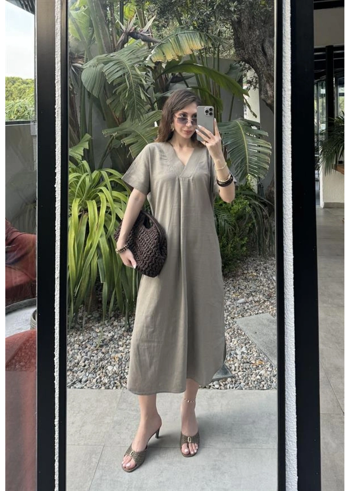 Keten V Yaka Basic Haki Elbise