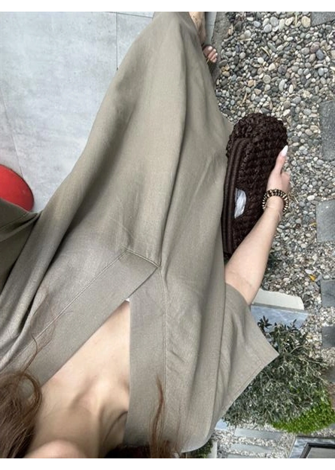 Keten V Yaka Basic Haki Elbise