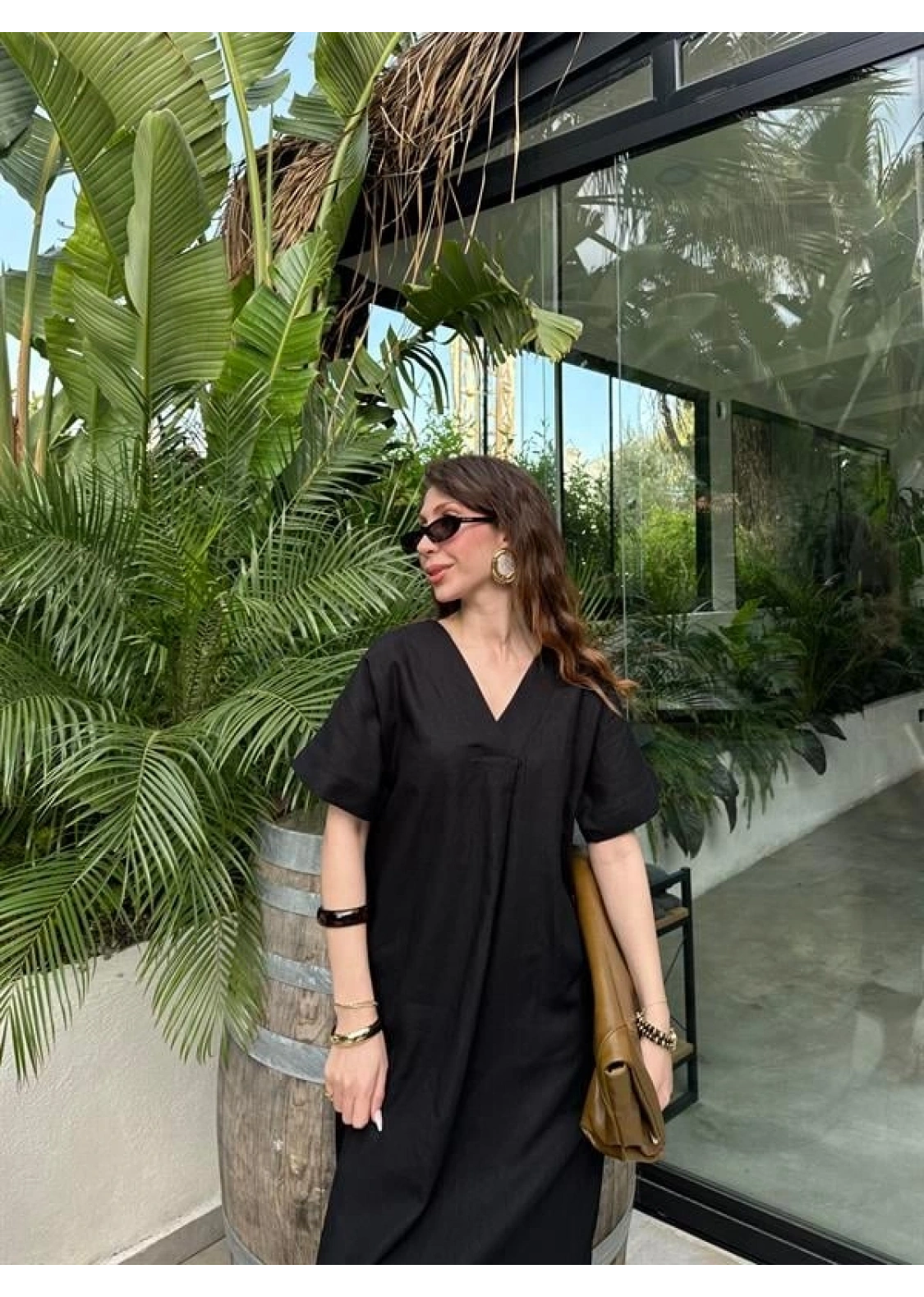 Keten V Yaka Basic Siyah Elbise