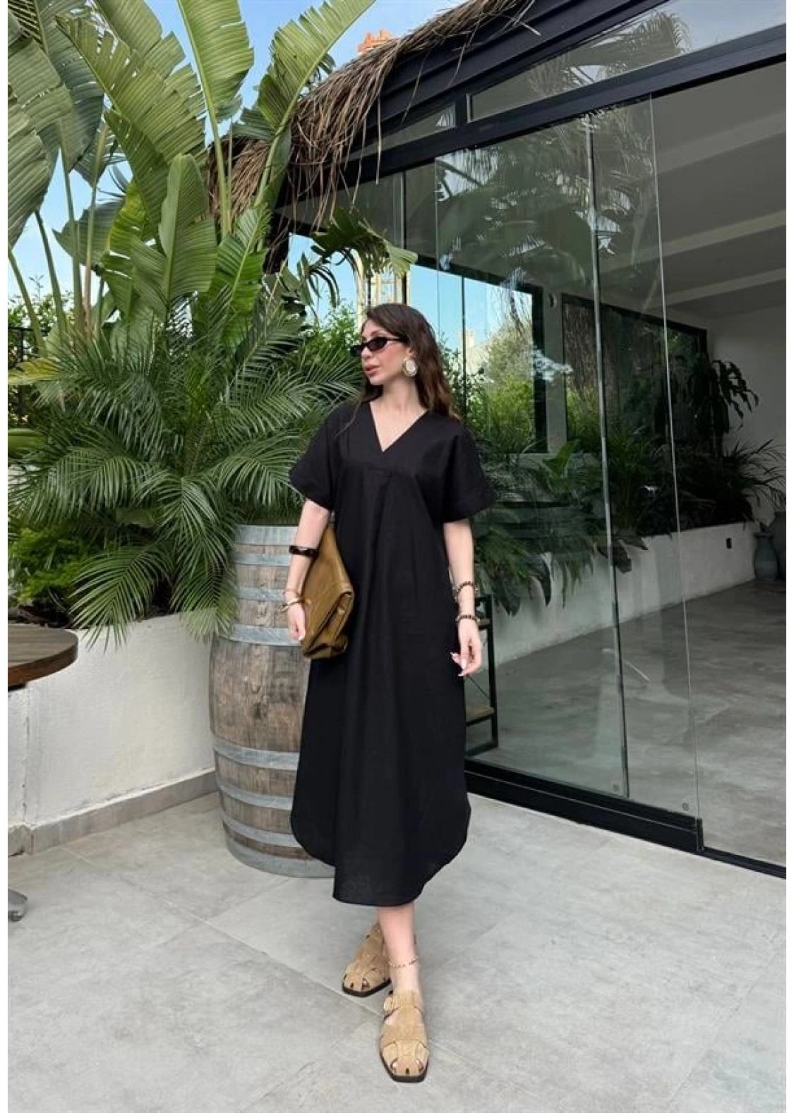 Keten V Yaka Basic Siyah Elbise