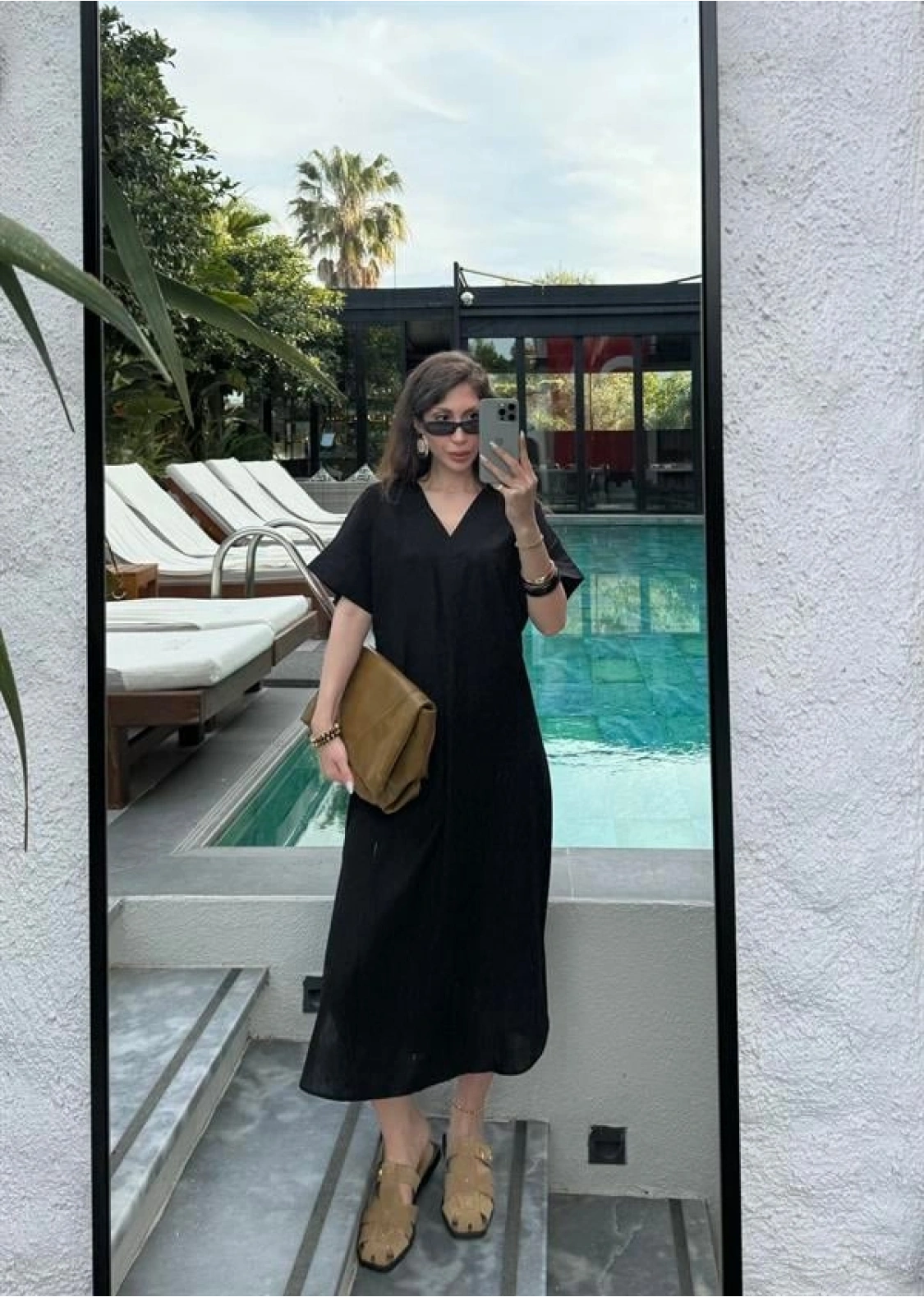 Keten V Yaka Basic Siyah Elbise