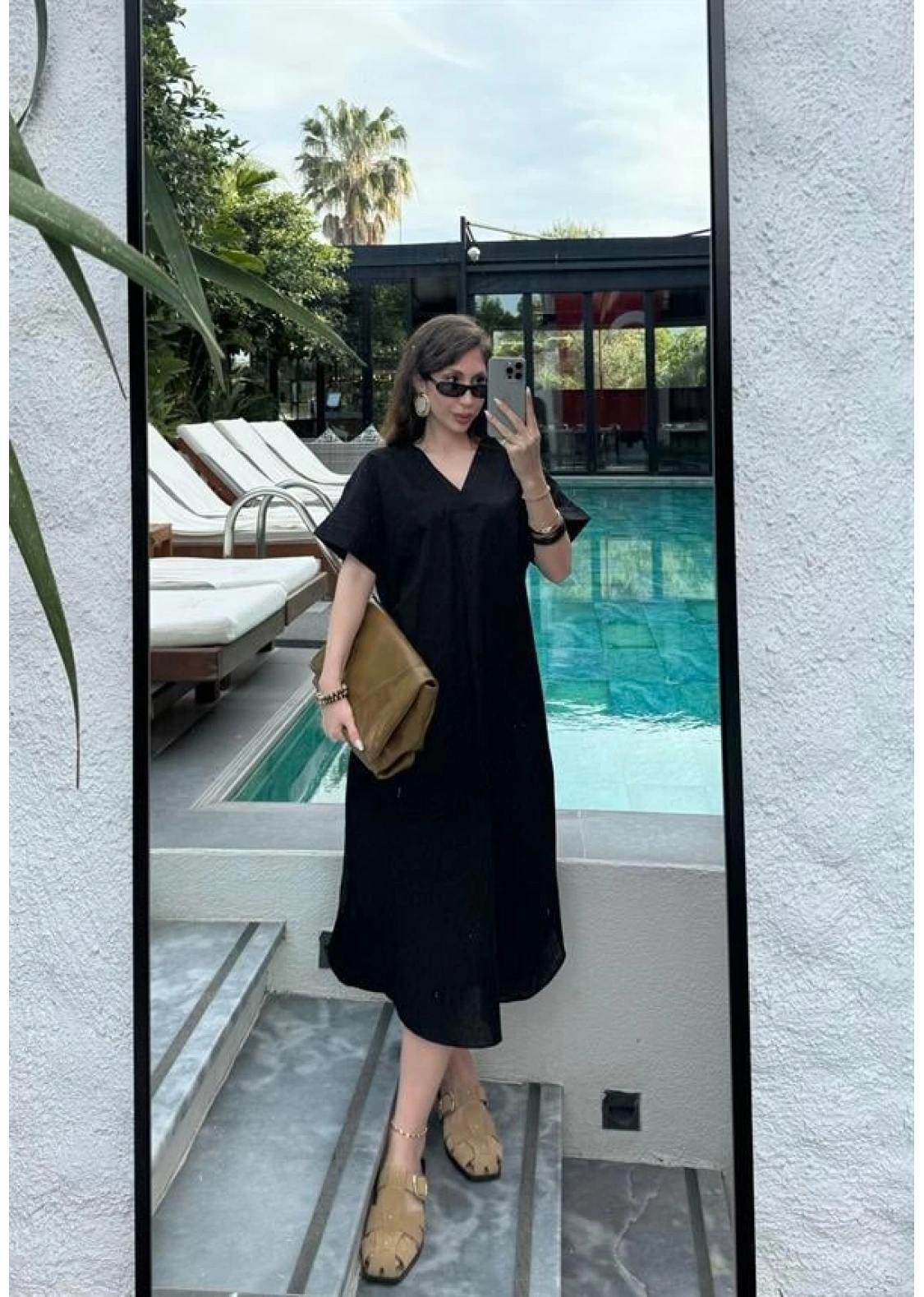 Keten V Yaka Basic Siyah Elbise