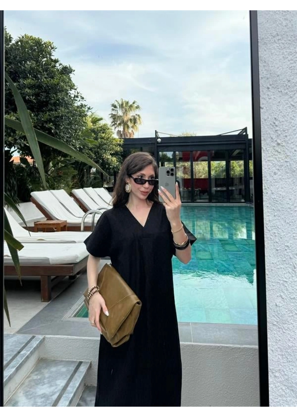 Keten V Yaka Basic Siyah Elbise