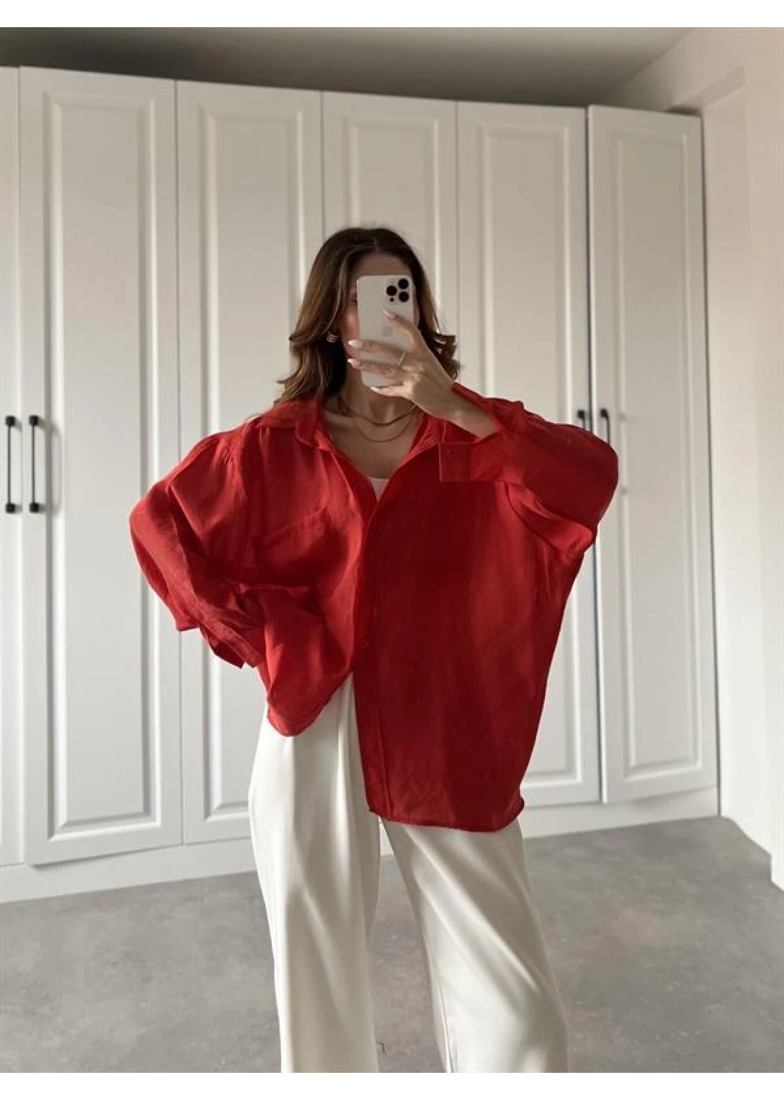 Kırmızı Oversize Tensel Gömlek