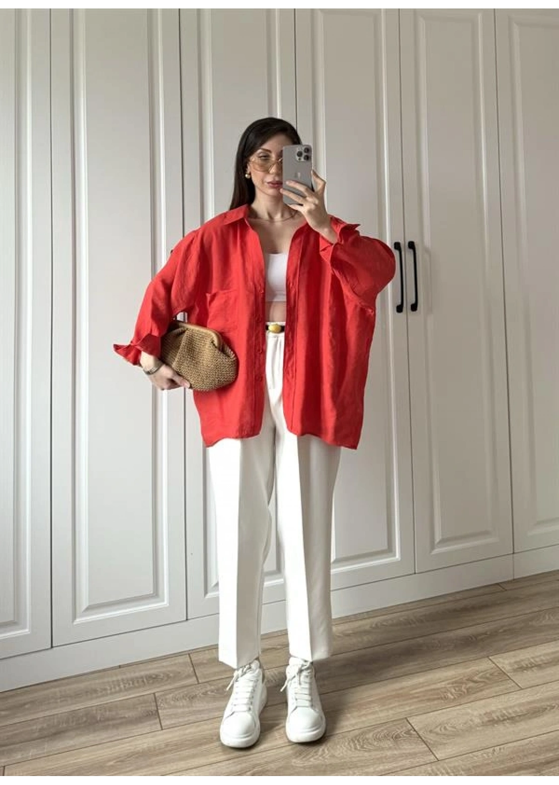 Kırmızı Oversize Tensel Gömlek