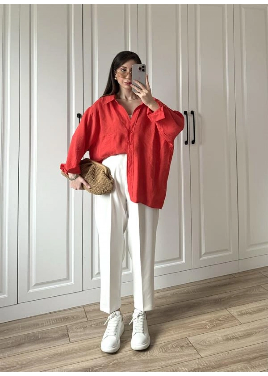 Kırmızı Oversize Tensel Gömlek