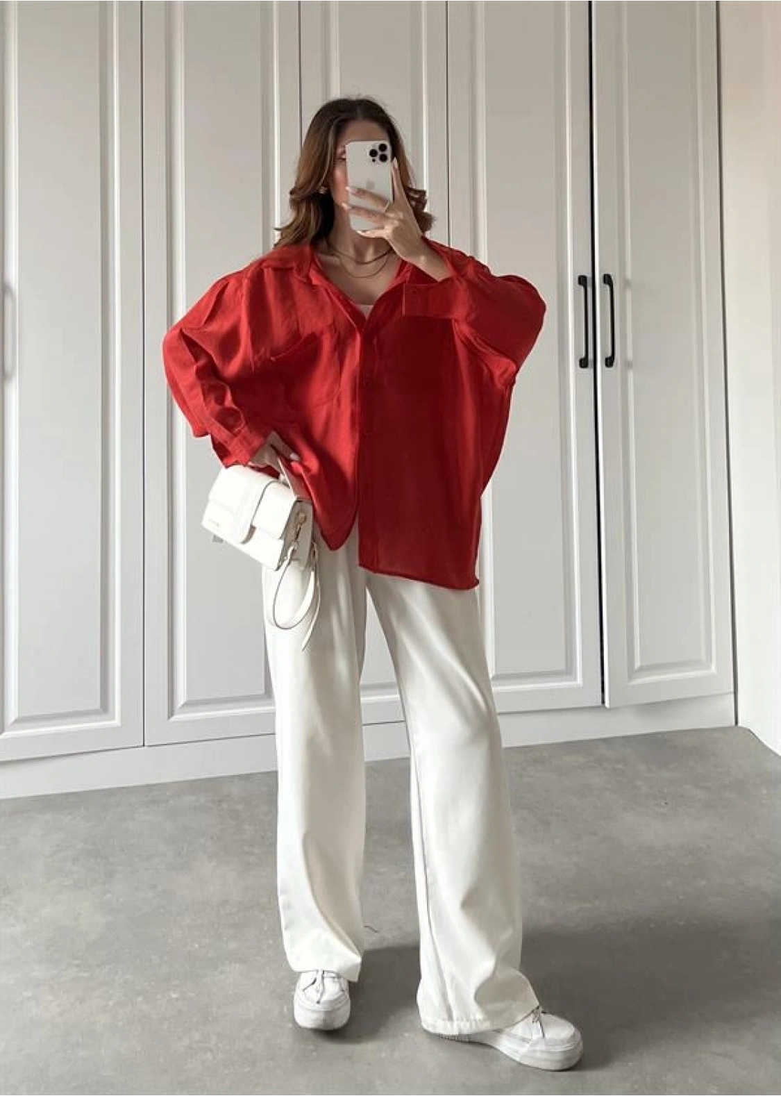 Kırmızı Oversize Tensel Gömlek