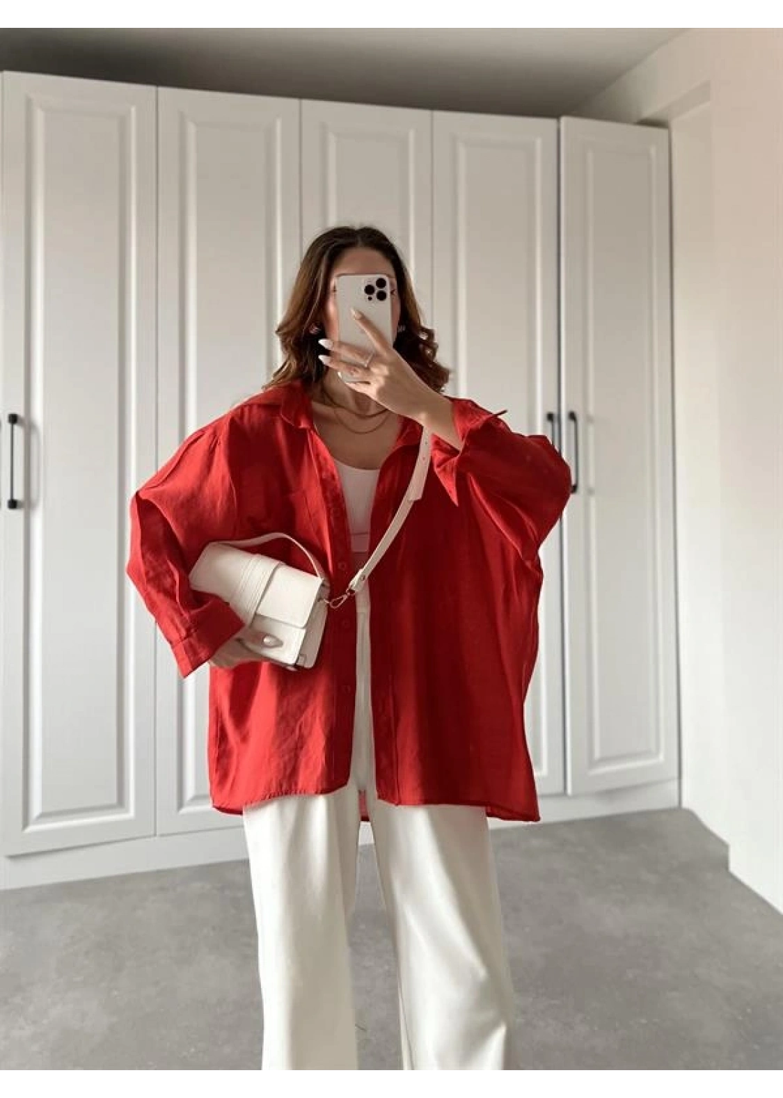 Kırmızı Oversize Tensel Gömlek