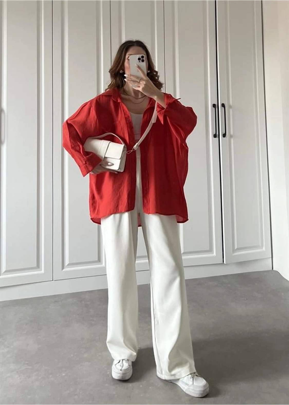 Kırmızı Oversize Tensel Gömlek