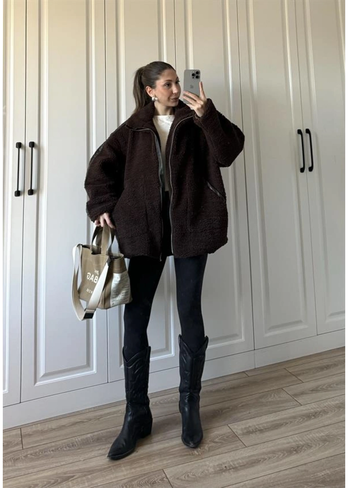 Koza Oversize Astarlı Premium Kahve Peluş Ceket