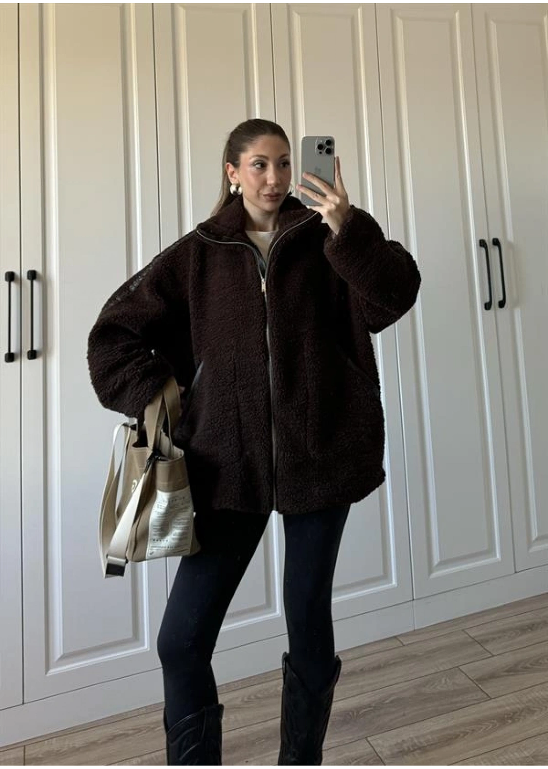 Koza Oversize Astarlı Premium Kahve Peluş Ceket