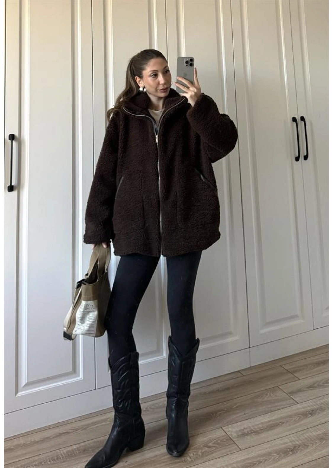 Koza Oversize Astarlı Premium Kahve Peluş Ceket