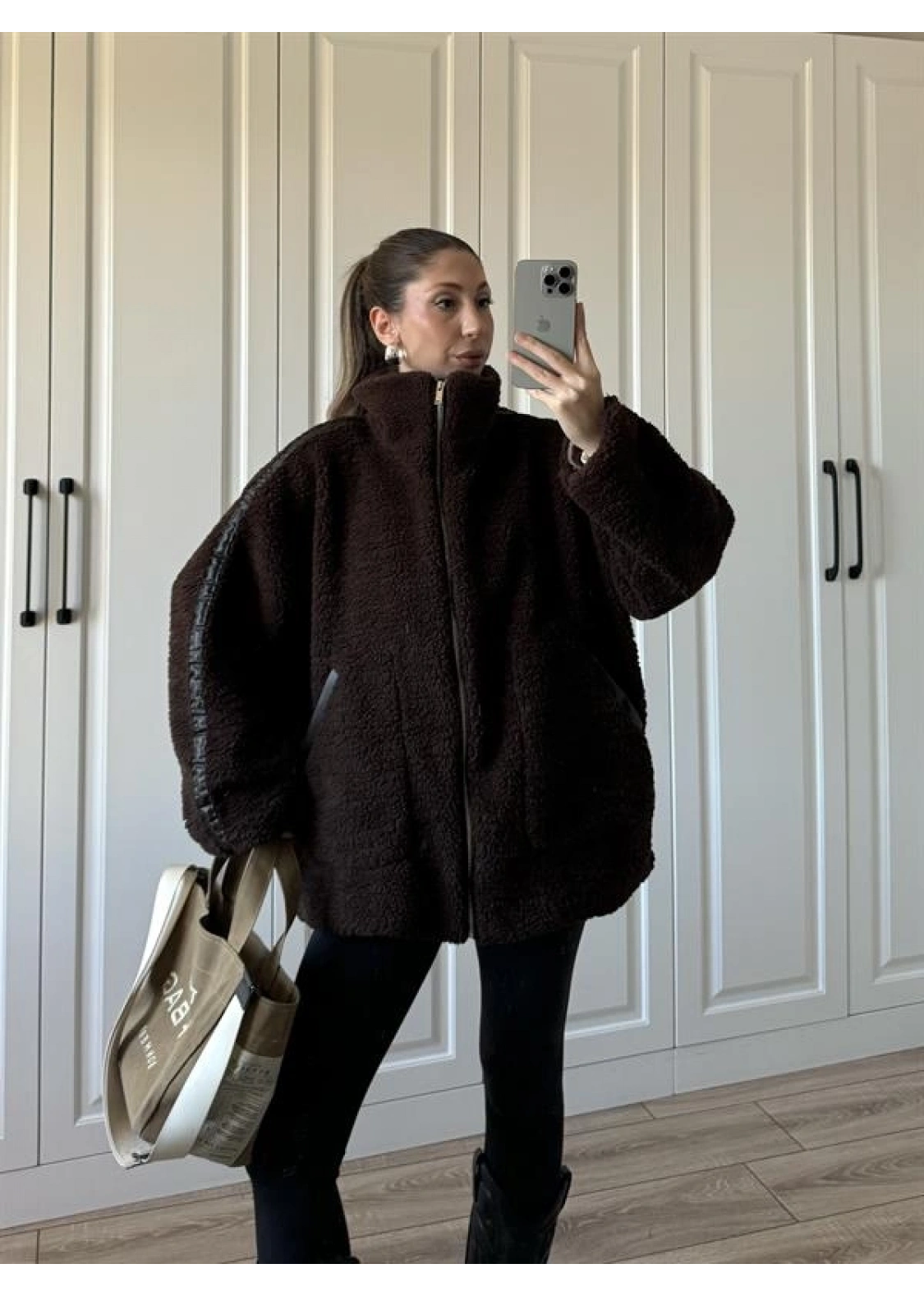 Koza Oversize Astarlı Premium Kahve Peluş Ceket