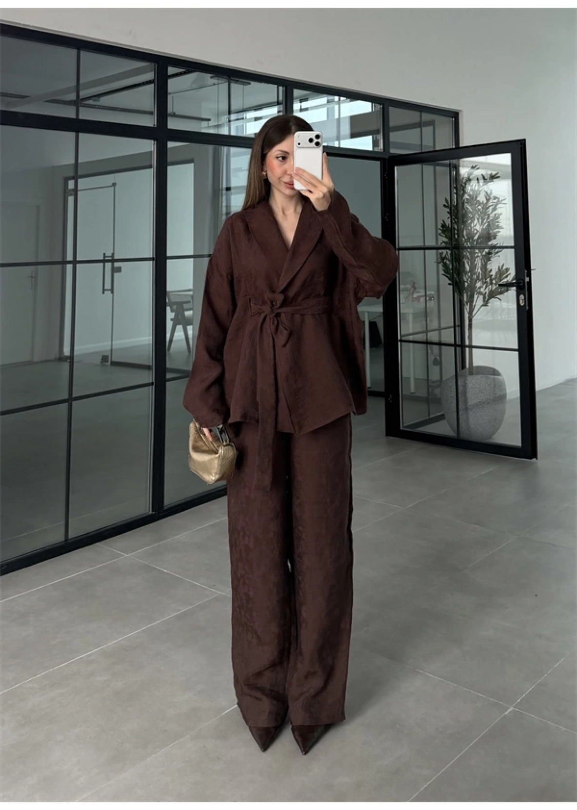 Kraş Kumaş Şal Yaka Kahve Kimono Takım