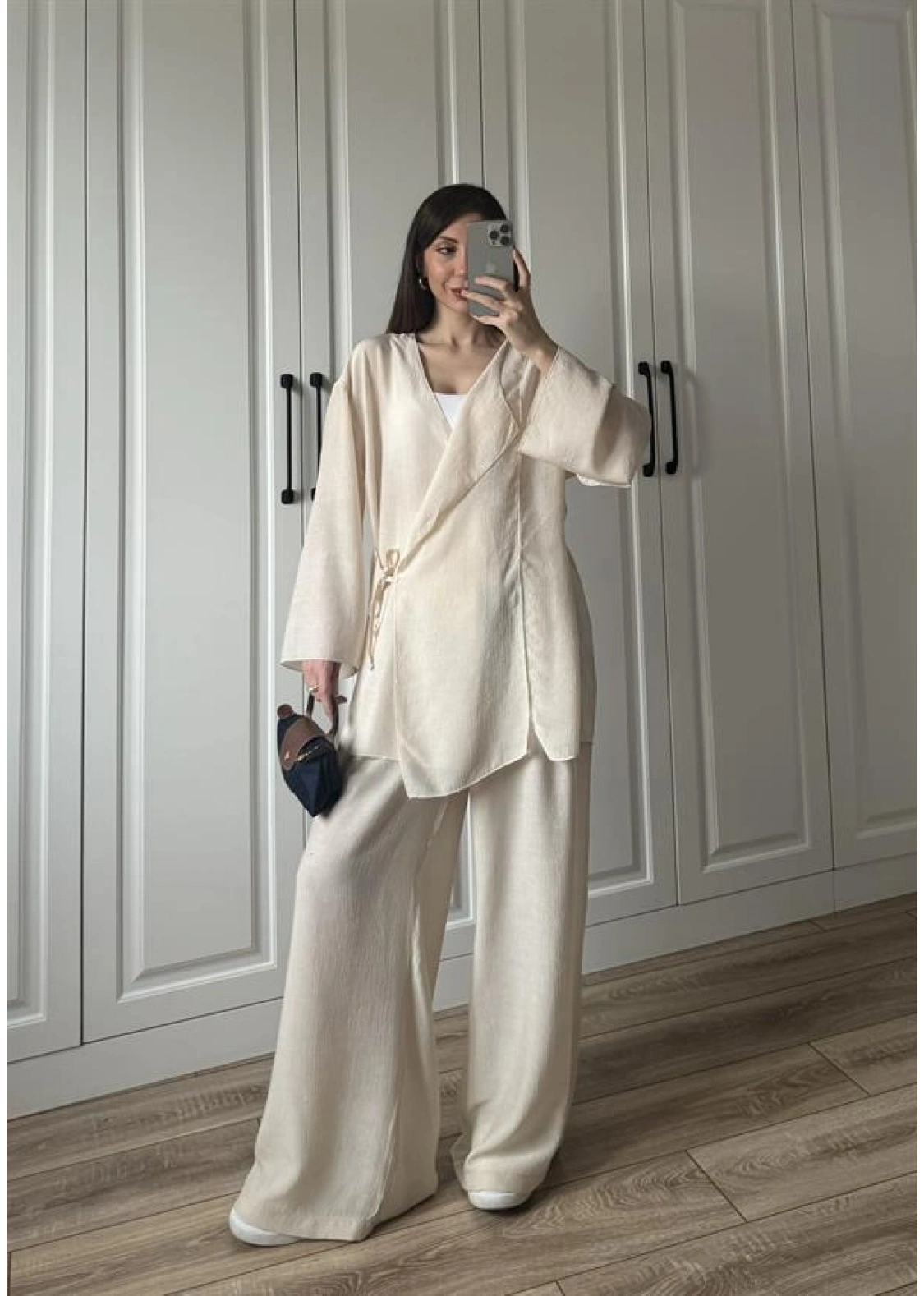 Krinkıl Yandan Bağlamalı Krem Kimono Takım