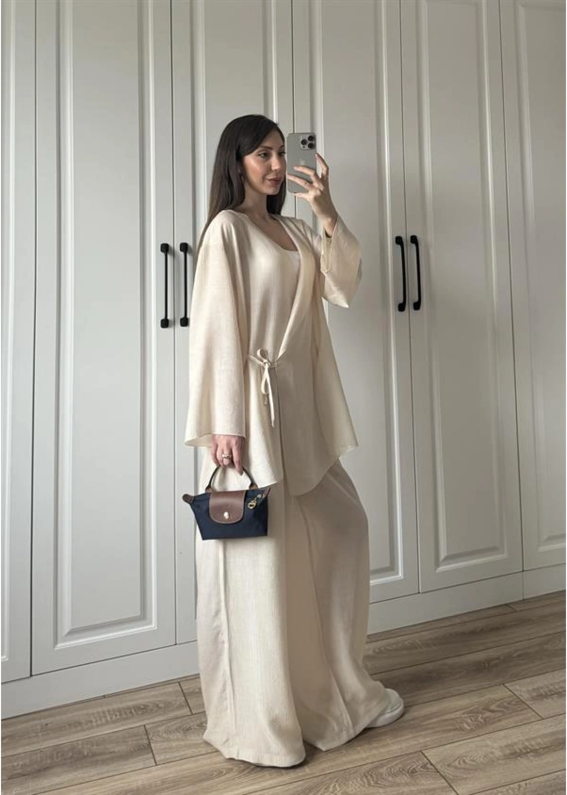 Krinkıl Yandan Bağlamalı Krem Kimono Takım