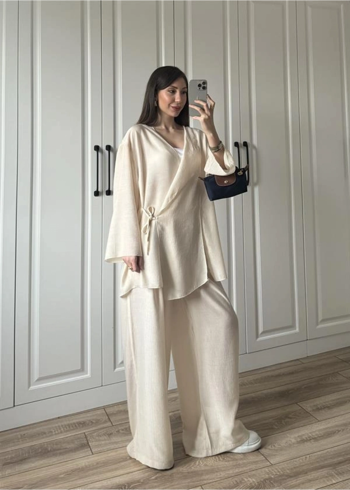 Krinkıl Yandan Bağlamalı Krem Kimono Takım