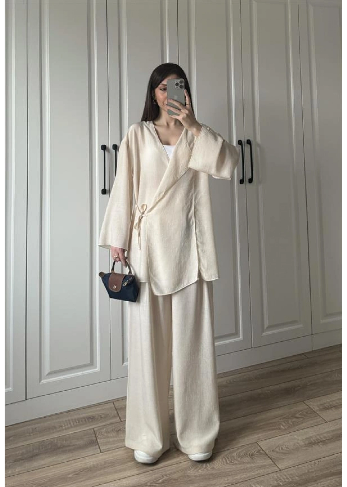 Krinkıl Yandan Bağlamalı Krem Kimono Takım