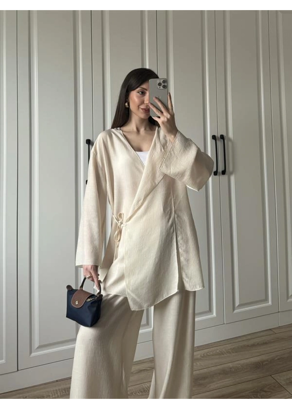 Krinkıl Yandan Bağlamalı Krem Kimono Takım
