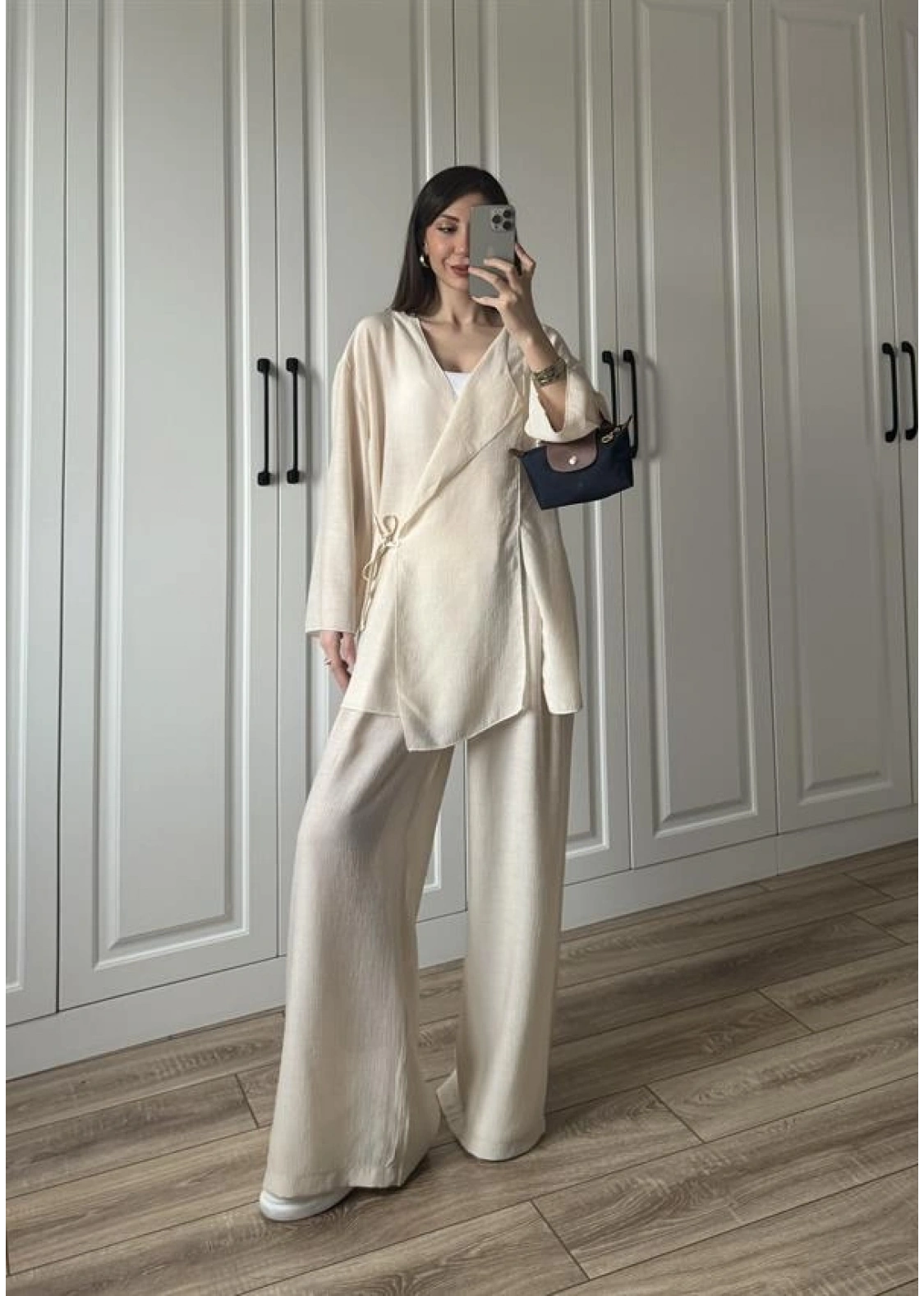 Krinkıl Yandan Bağlamalı Krem Kimono Takım