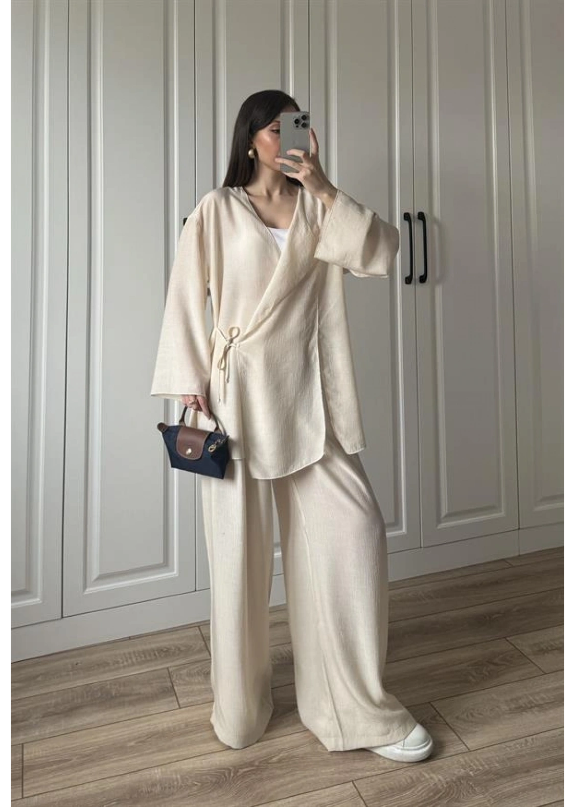 Krinkıl Yandan Bağlamalı Krem Kimono Takım