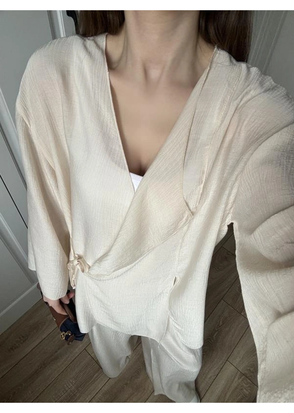 Krinkıl Yandan Bağlamalı Krem Kimono Takım