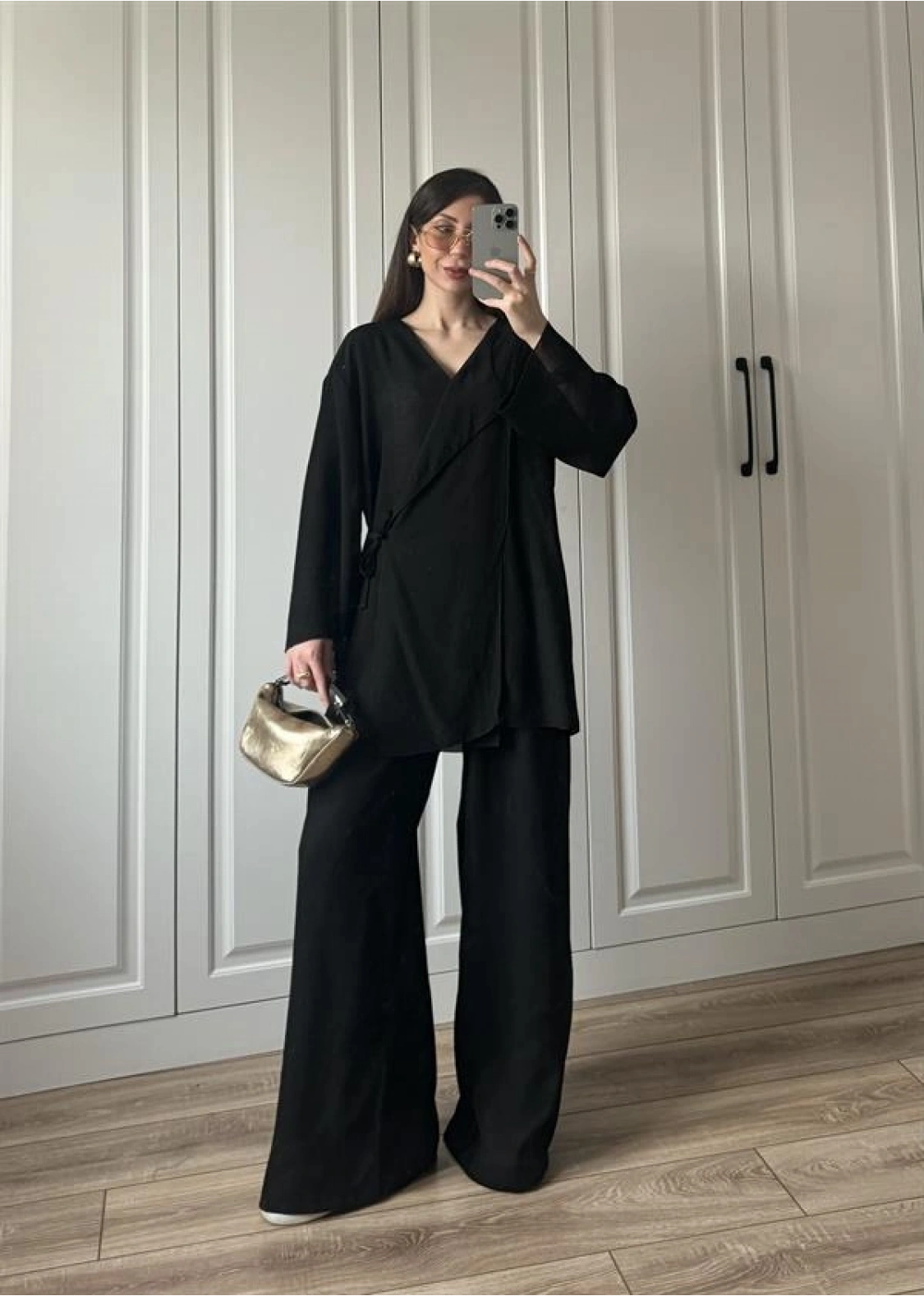 Krinkıl Yandan Bağlamalı Siyah Kimono Takım