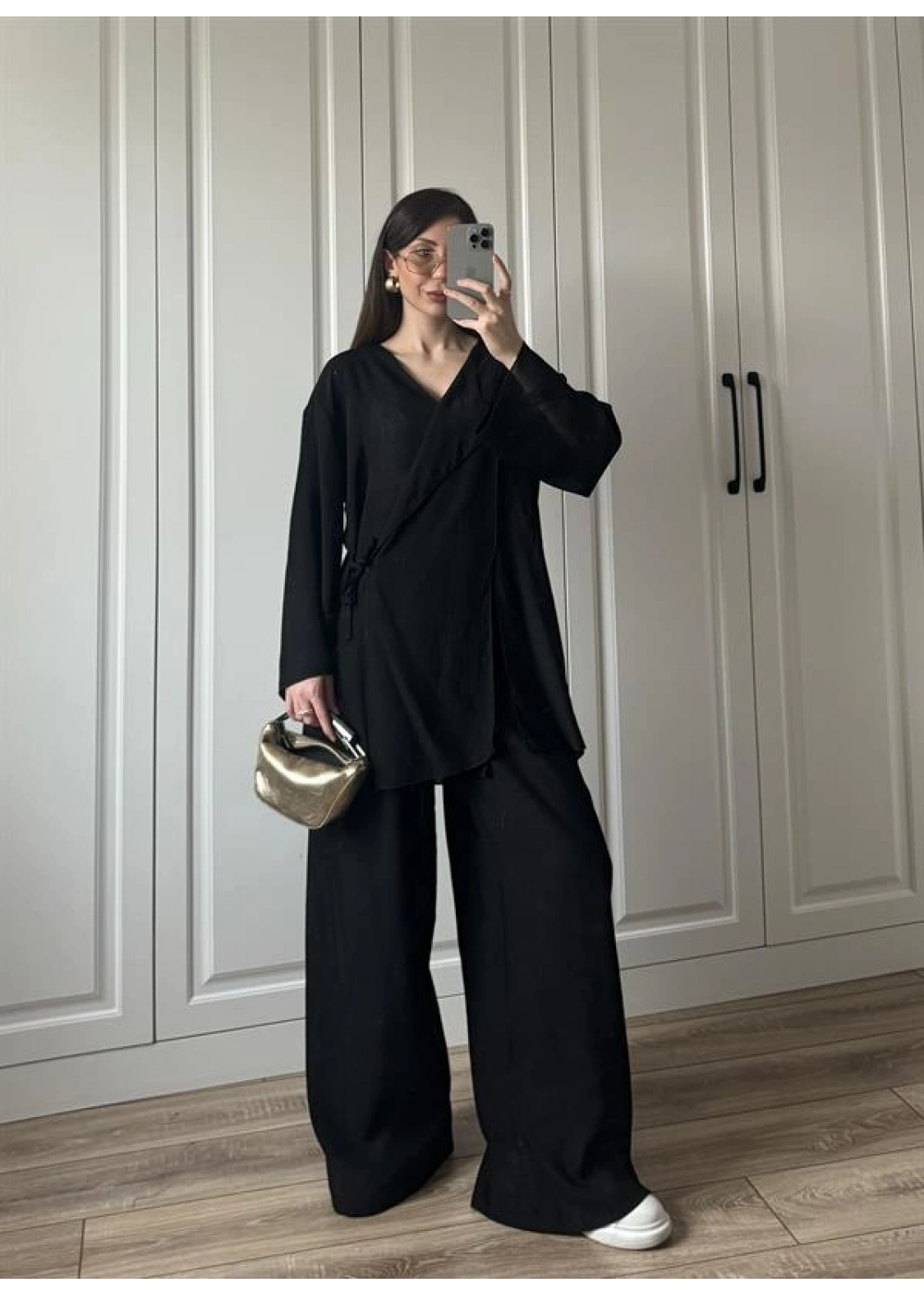 Krinkıl Yandan Bağlamalı Siyah Kimono Takım