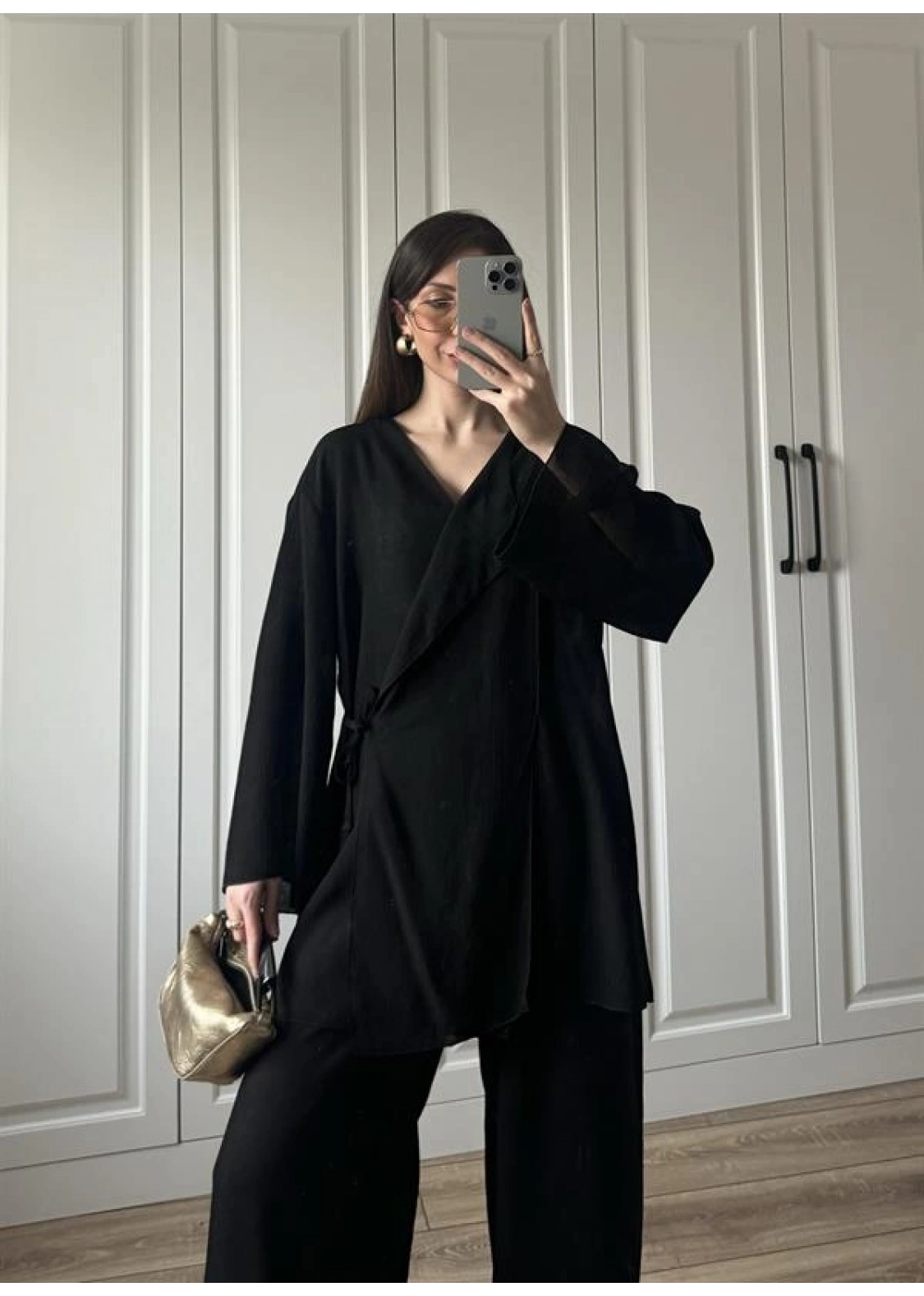 Krinkıl Yandan Bağlamalı Siyah Kimono Takım