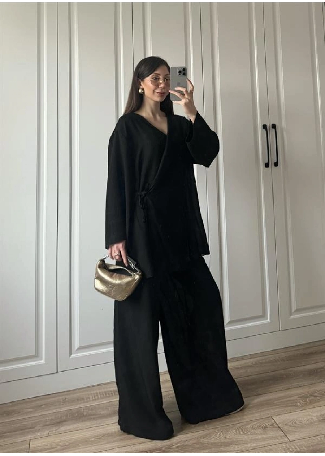 Krinkıl Yandan Bağlamalı Siyah Kimono Takım