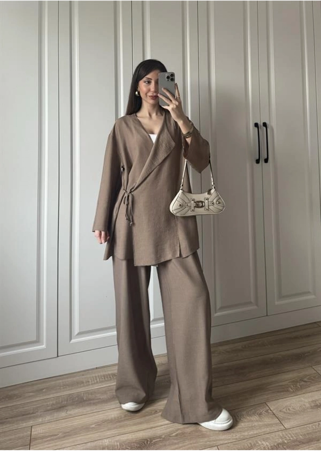 Krinkıl Yandan Bağlamalı Vizon Kimono Takım