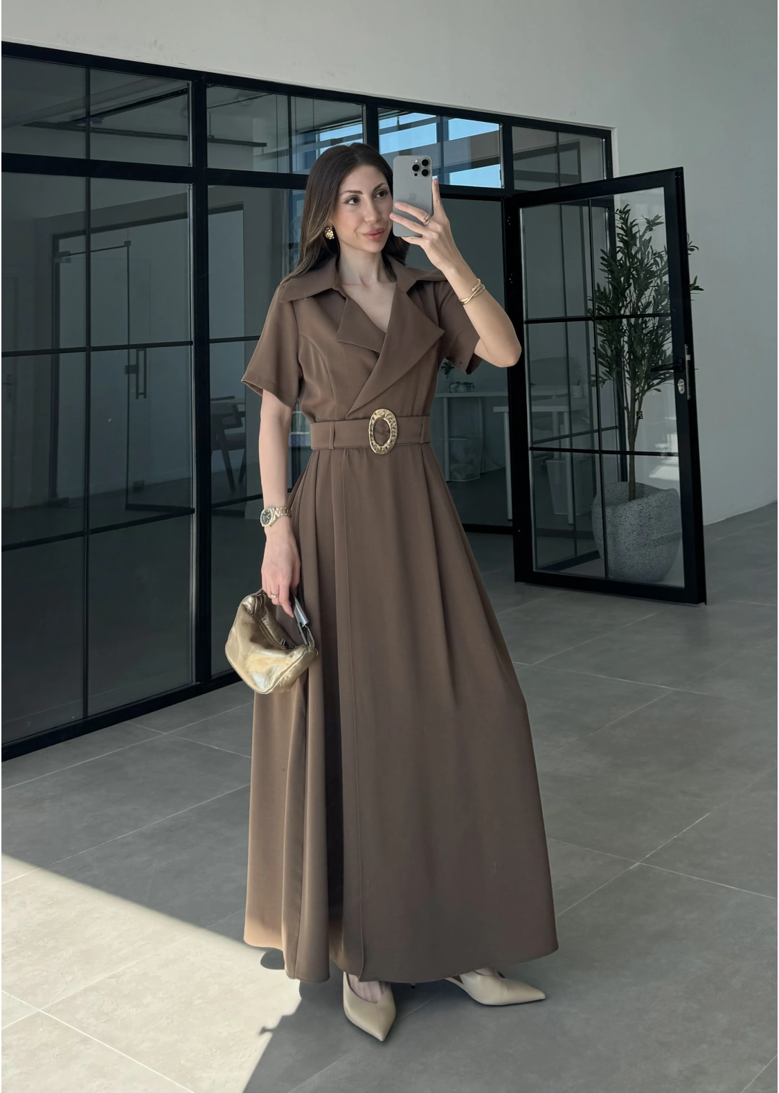 Kruvaze Model Tokalı Haki Uzun Elbise