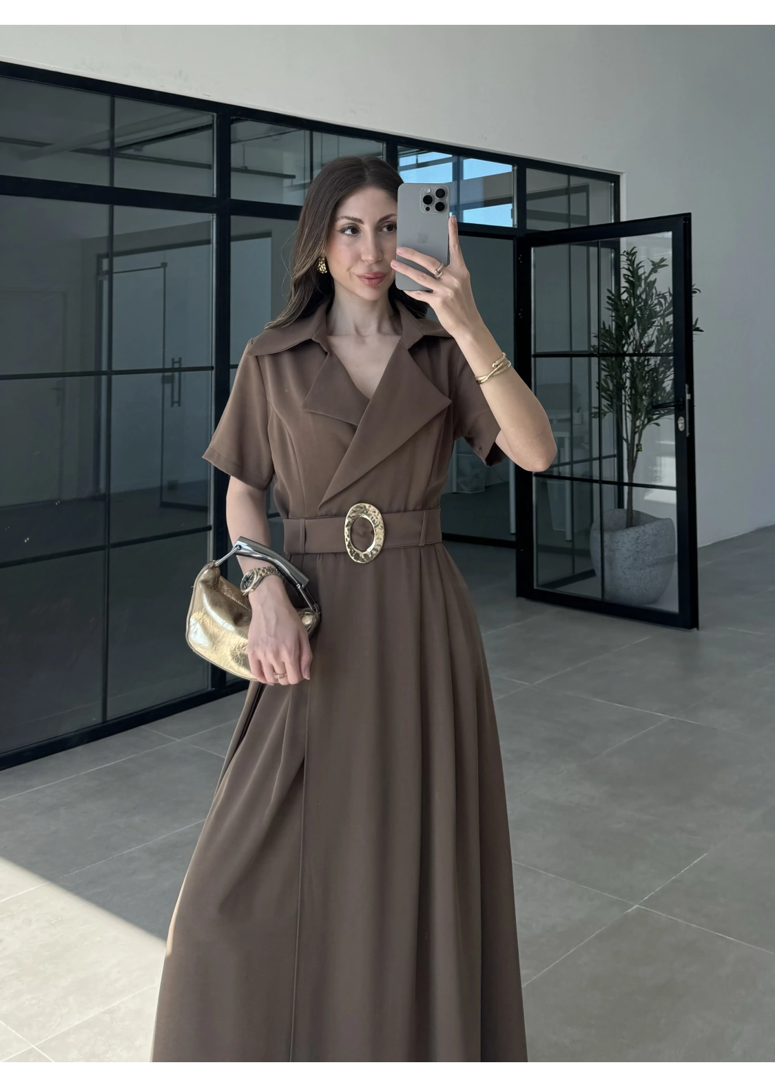 Kruvaze Model Tokalı Haki Uzun Elbise