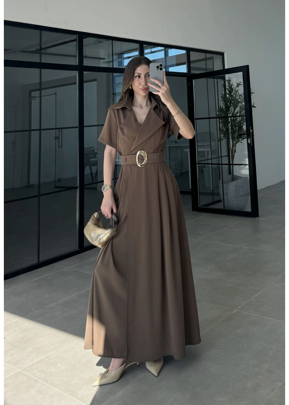 Kruvaze Model Tokalı Haki Uzun Elbise