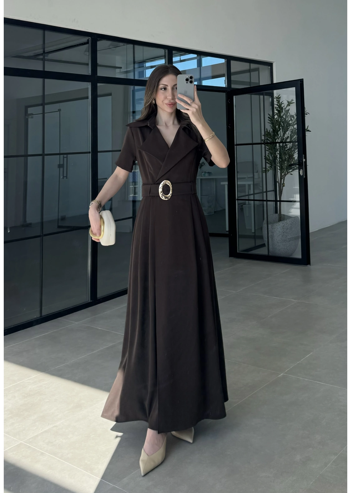Kruvaze Model Tokalı Kahve Uzun Elbise