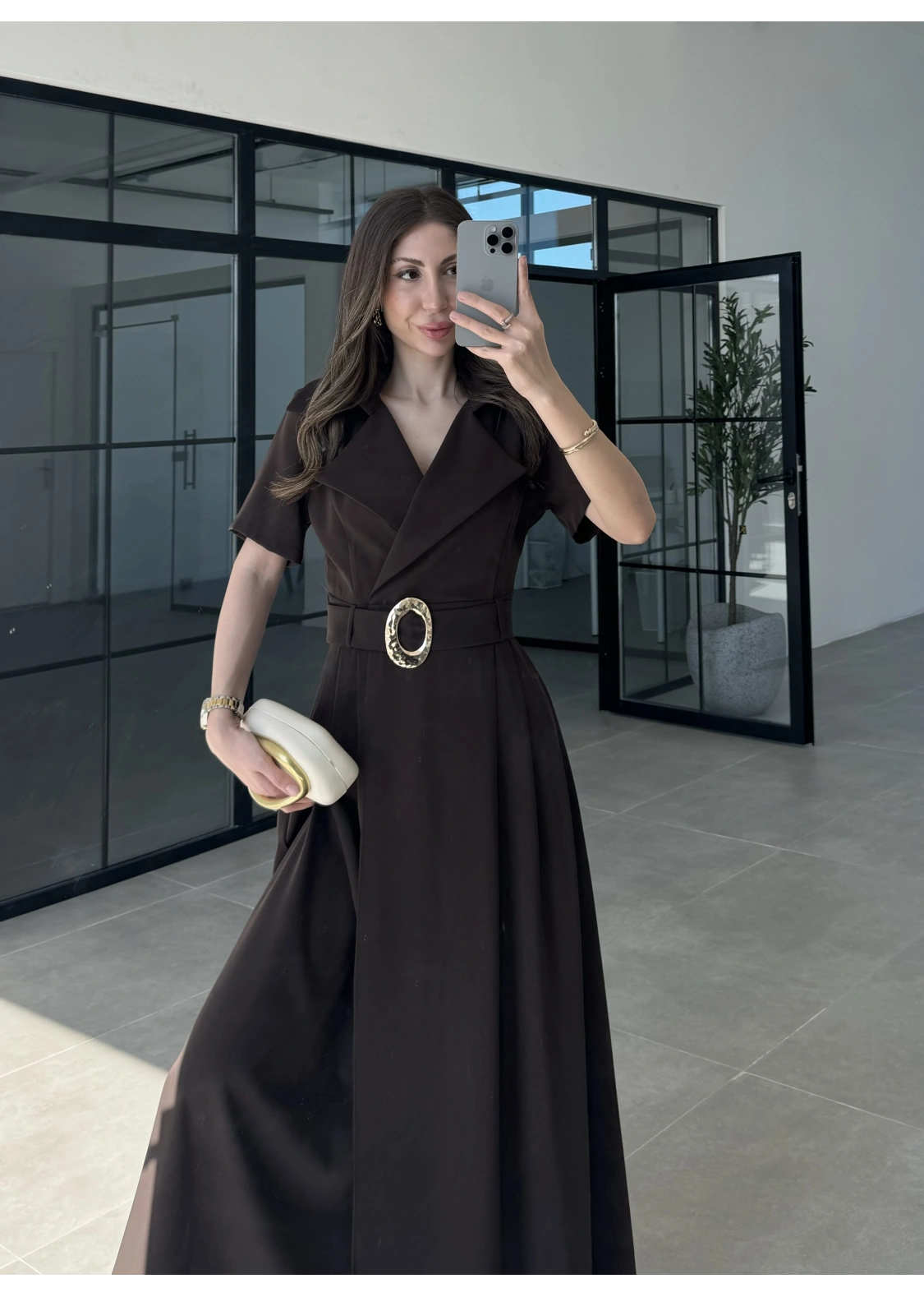 Kruvaze Model Tokalı Kahve Uzun Elbise