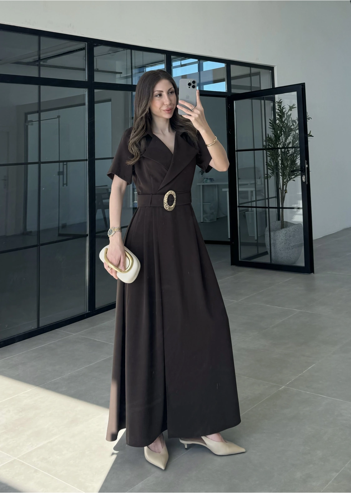 Kruvaze Model Tokalı Kahve Uzun Elbise
