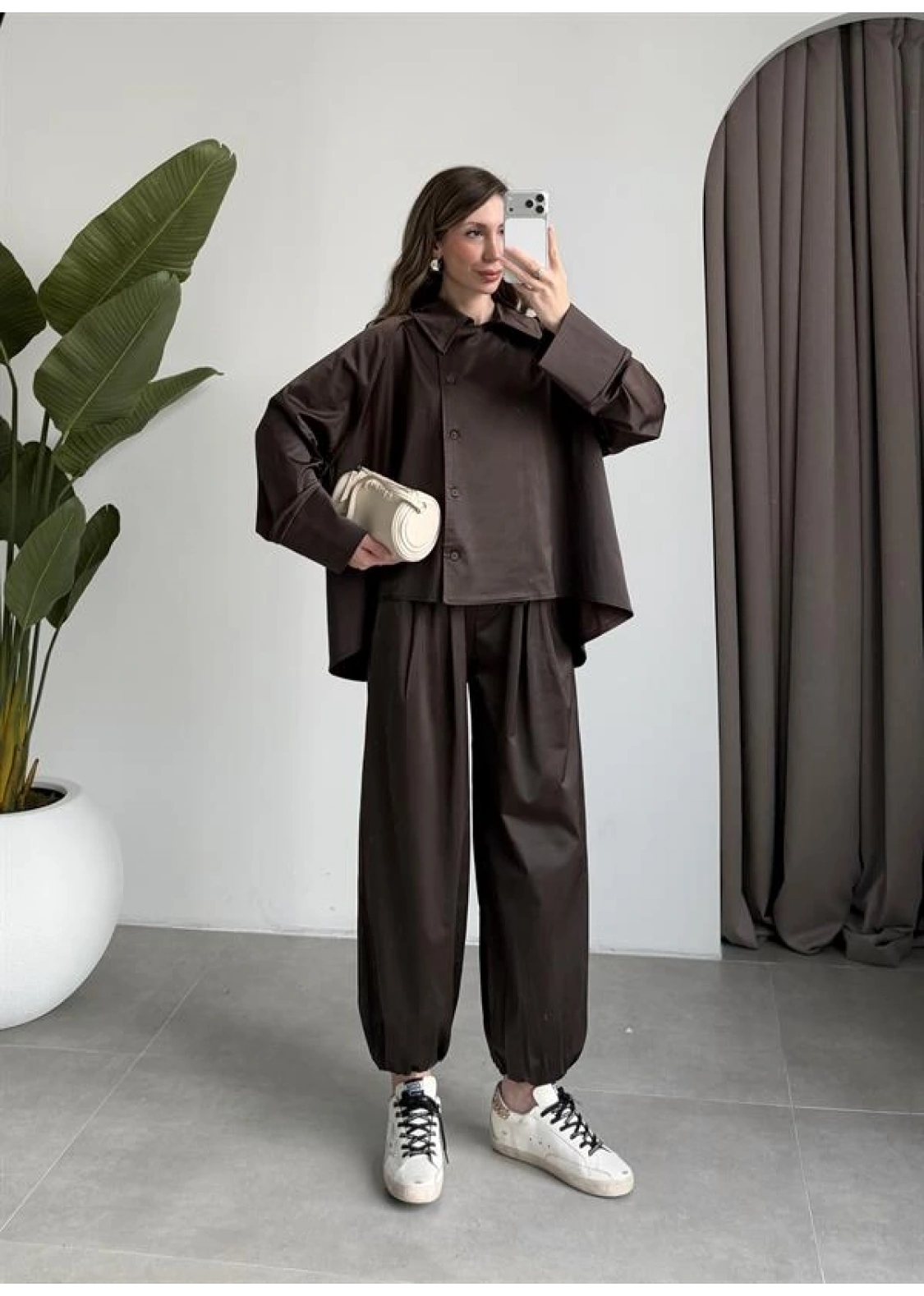 Kruvaze Pinterest Model Saten Dokulu Kahve Takım