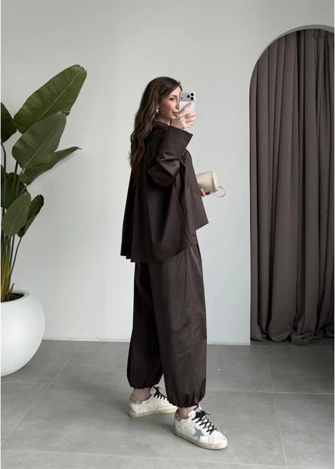 Kruvaze Pinterest Model Saten Dokulu Kahve Takım