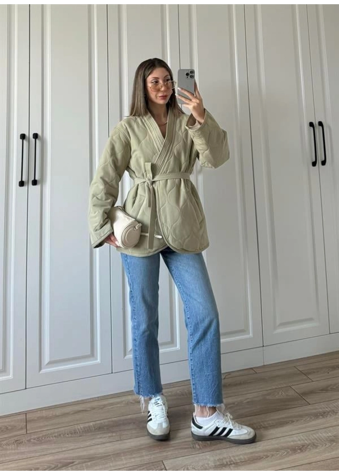 Kuşaklı Astarlı Haki Kapitone Ceket