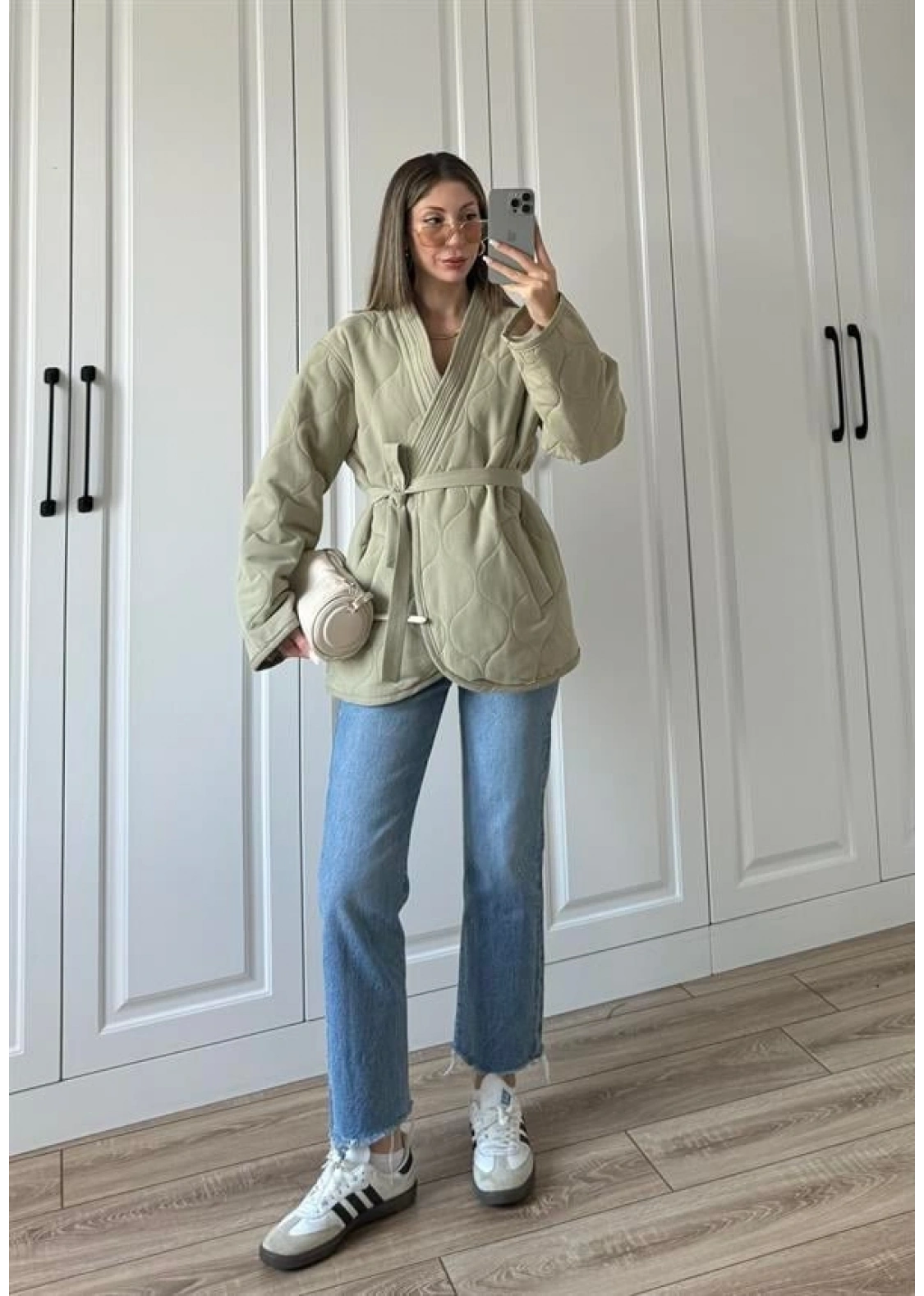 Kuşaklı Astarlı Haki Kapitone Ceket