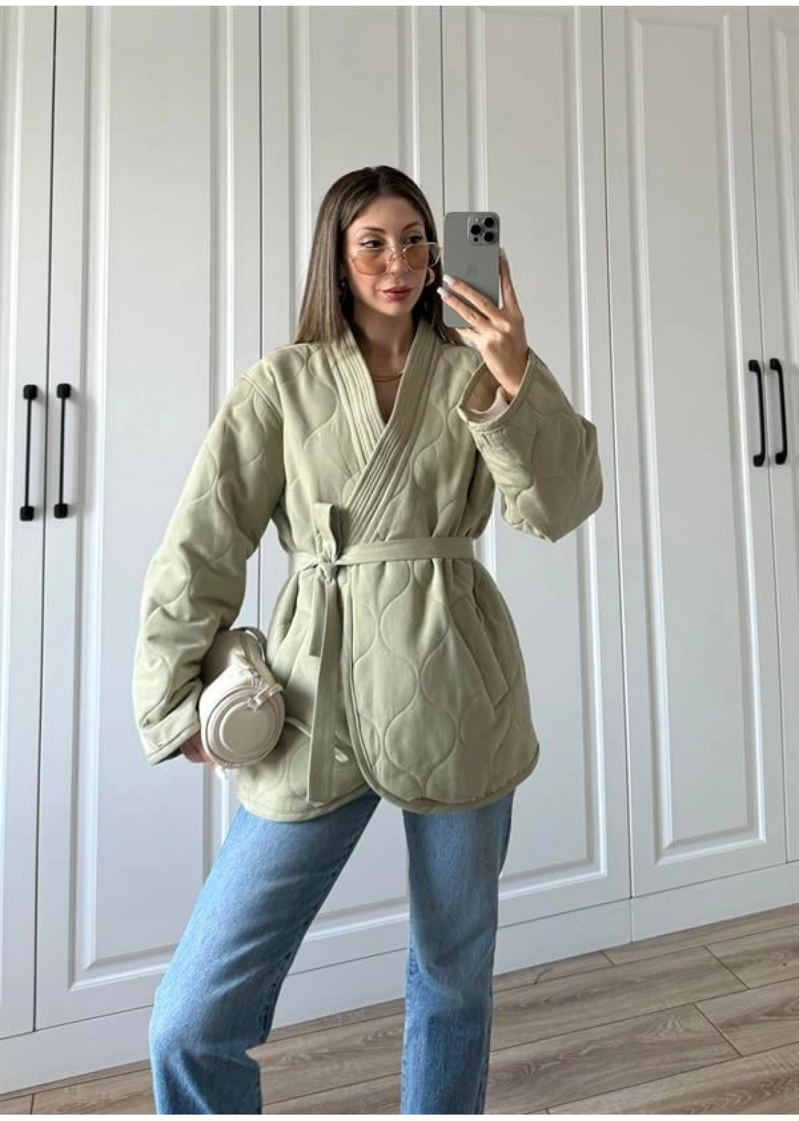 Kuşaklı Astarlı Haki Kapitone Ceket