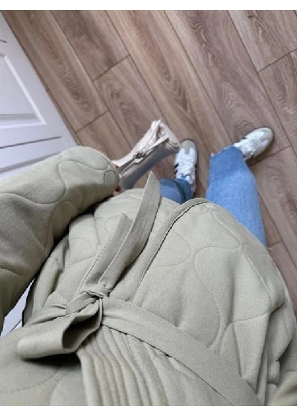 Kuşaklı Astarlı Haki Kapitone Ceket