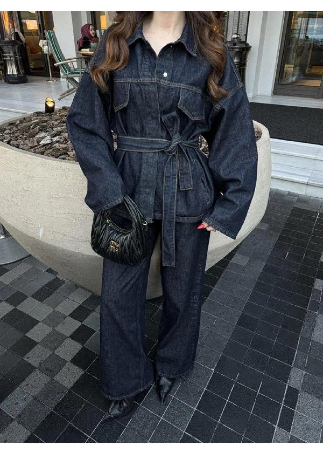 Kuşaklı Koyu Denim Takım